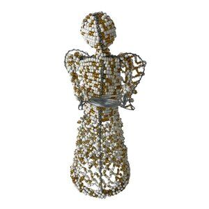 Handcrafted Beaded Angel Figurine Wire Frame White Gold Beads Zuni Style 10 "